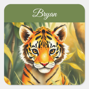 Orange und grüne Niedliche Tiger Name Quadratischer Aufkleber
