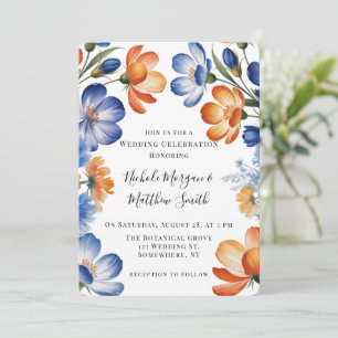 Orange- und Kobaltblaue Blumenhochzeitsfeier Einladung