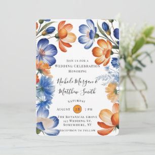 Orange- und Kobaltblaue Blumenhochzeitsfeier Einladung
