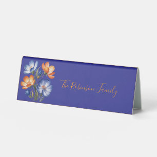 Orange und Kobaltblaue florale Hochzeitsfamilie Tischaufsteller