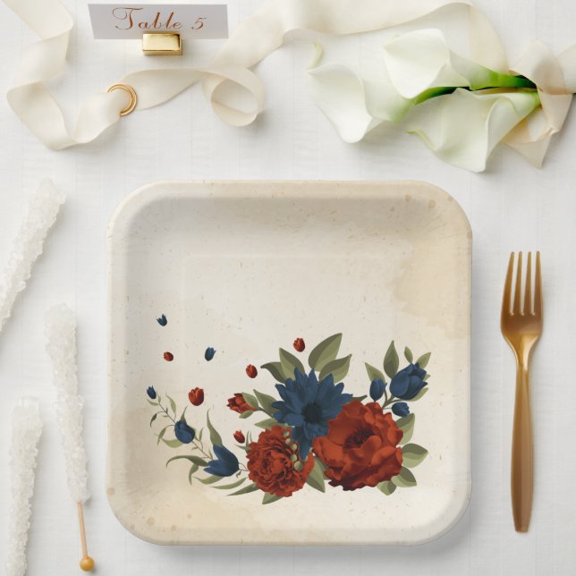 Orange und Marineblau Pappteller (Hochzeit)