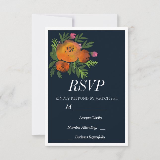 Orange und Navy Floral Moderne fette Hochzeit RSVP Karte (Vorderseite)