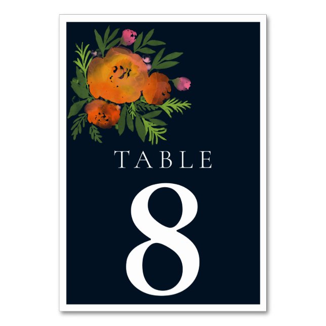 Orange und Navy Floral Moderne fette Hochzeit Tischnummer (Vorderseite)