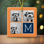 Orange- und Navy-Instagramm-Monogramm für die Foto Keramikornament<br><div class="desc">Lebhafte Orangen und dunkelblau - Verwenden Sie 3 quadratische Fotos,  um ein einzigartiges und persönliches Geschenk zu kreieren. Oder man behalte den Hipster Welpe und macht einen trendigen Sake. Wenn Sie die Bilder anpassen müssen,  klicken Sie auf das Werkzeug anpassen,  um Änderungen vorzunehmen.</div>
