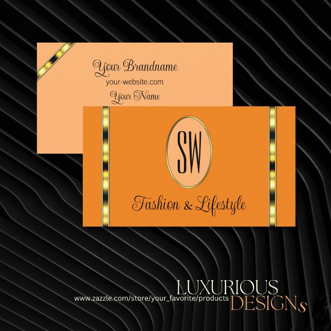 Orange und Peach Modern mit Monogram Gold Streifen Visitenkarte (Von Creator hochgeladen)