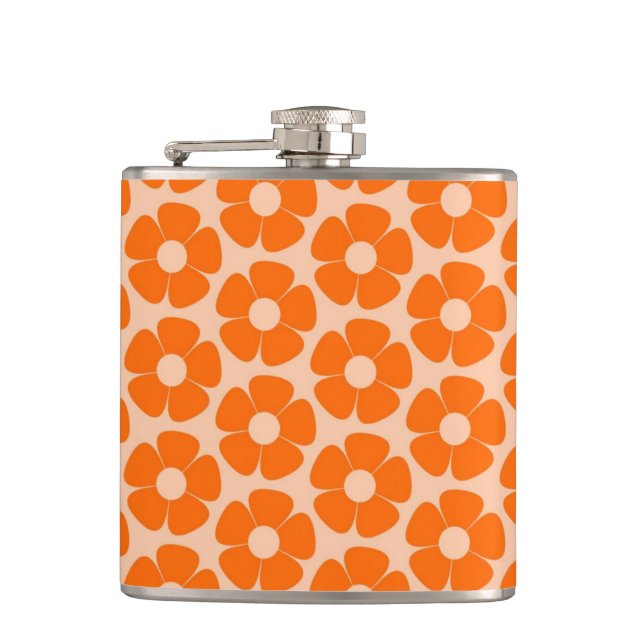 Orange und Peach Retro 60er Blumenmuster  Flachmann (Vorderseite)