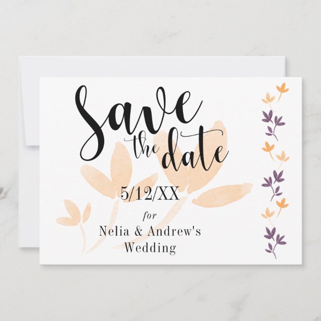 Orange- und Pflaumenblätter Mod Typography Save th The Date (Vorderseite)