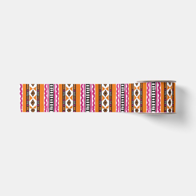 Orange und Pink Kente Afrikanisches Muster Satinband (Vorderseite)