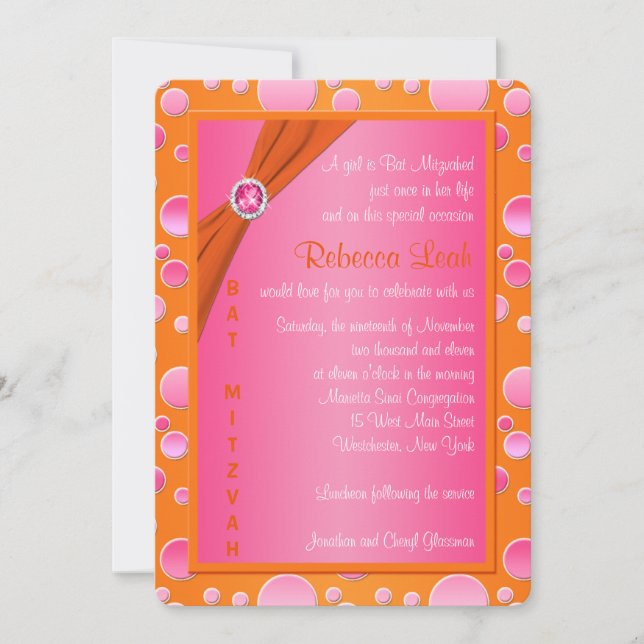 Orange und Pink Polka Dot Bat Mitzvah Einladung (Vorderseite)