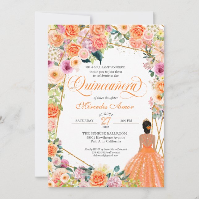 Orange und Pink Roses Peach Floral Quinceanera Inv Einladung (Vorderseite)
