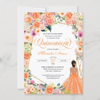 Orange und Pink Roses Peach Floral Quinceanera Inv Einladung