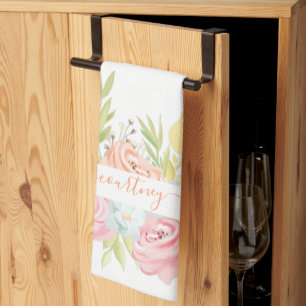 Orange und rosa Wasserfarbe floral personalisiert  Geschirrtuch