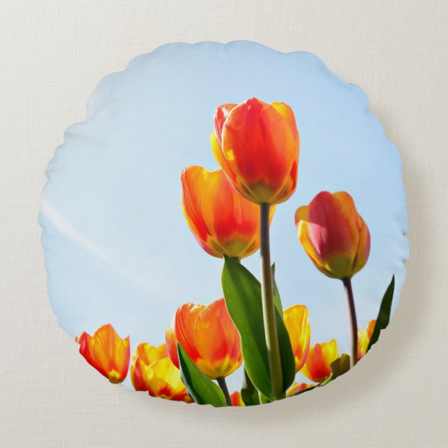 Orange und rote Tulpen von unterhalb Rundes Kissen (Vorderseite)