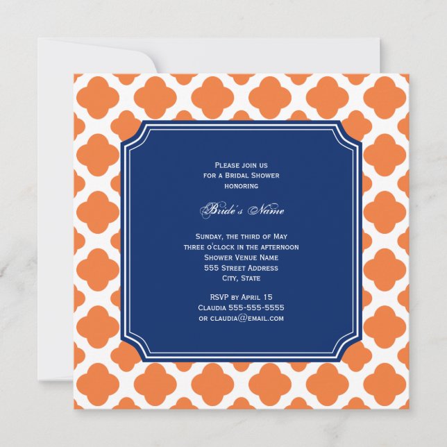 Orange und Royal Blue Quatrefoil Brautparty Einladung (Vorderseite)