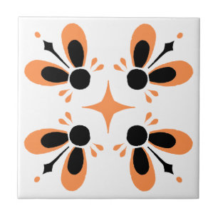 Orange und Schwarz auf weißem komplizierten Blumen Fliese