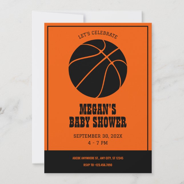 Orange und schwarzer Basketball BABY SHOWER Einlad Einladung (Vorderseite)