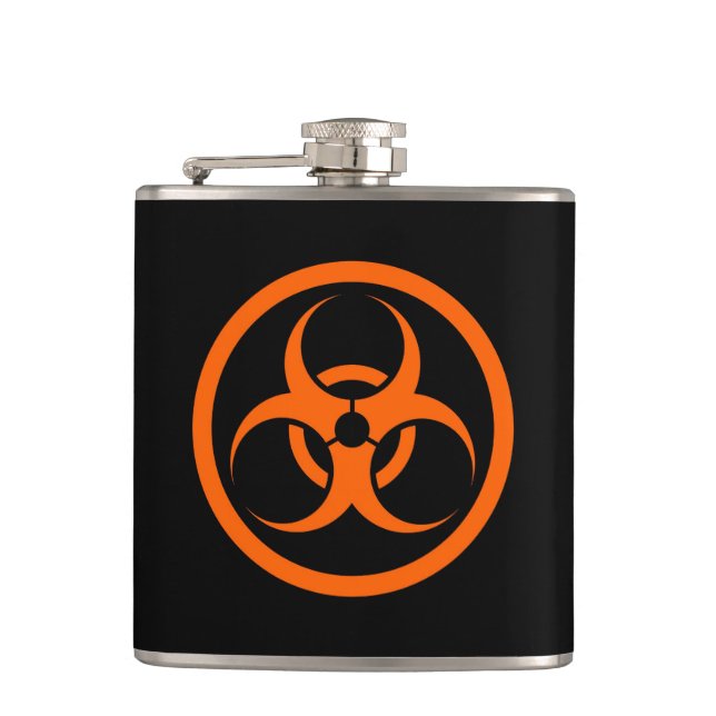 Orange und schwarzer Biogefahrenkreis Flachmann (Vorderseite)