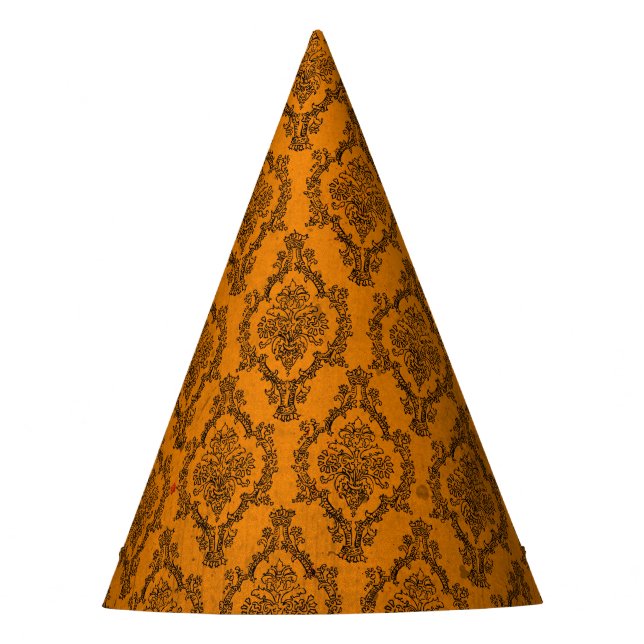 Orange und schwarzer Damastgrunge-Party-Hut Partyhütchen (Vorderseite)