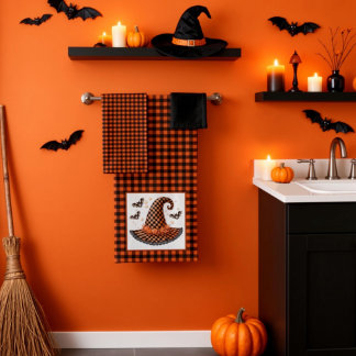 Orange- und schwarzer Gingham-Halloween-Hexenhut & Badhandtuch Set