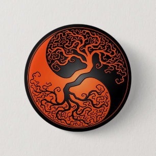 Orange und schwarzer Yin Yang Baum Button