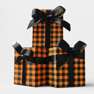 Orange und schwarzes Büffelkaromuster Halloween Geschenkpapier Set