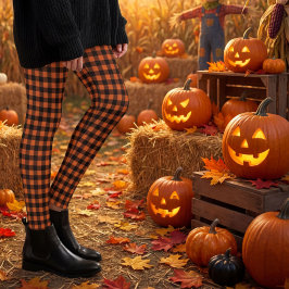 Orange und schwarzes Gingham-Karo-Kontrollmuster Leggings