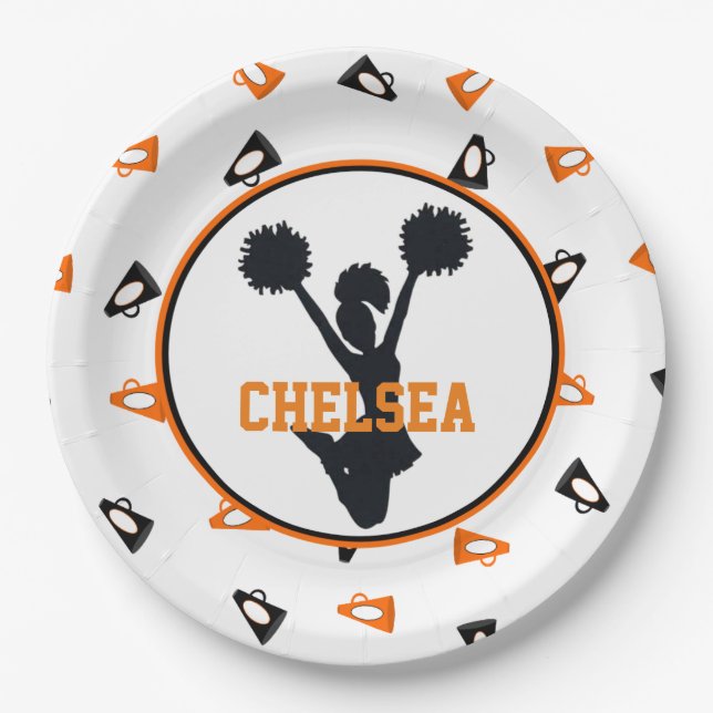 Orange und schwarzes Megaphon-Cheerleader-Party Pappteller (Vorderseite)