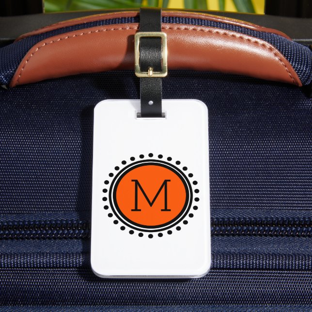 Orange und schwarzes Tupfen-Monogramm Gepäckanhänger (Vorderseite Insitu 2)