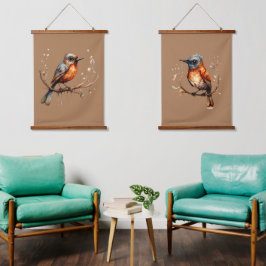 Orange und Tan Abstrakt Robin Couple Wandteppich Mit Holzrahmen