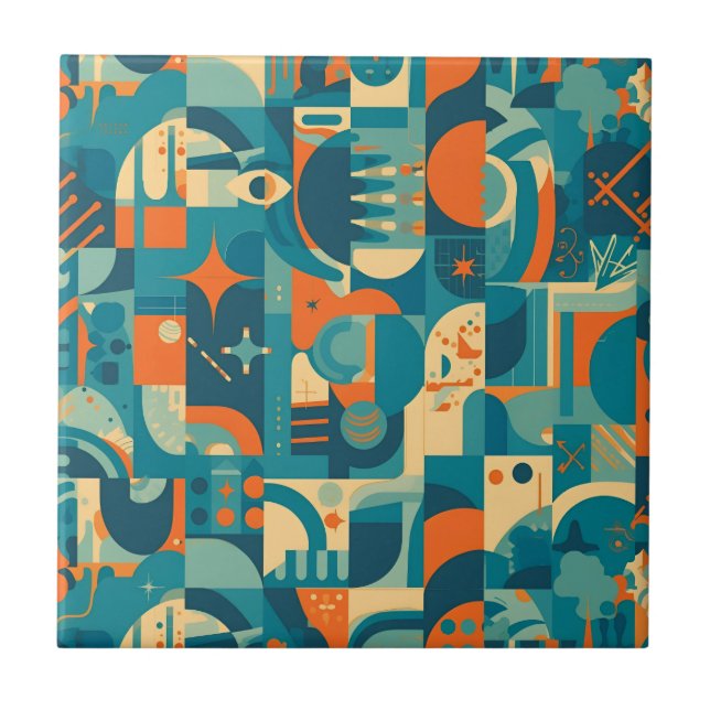 Orange und Türkis Geometrisch Abstrakt Fliese (Vorderseite)