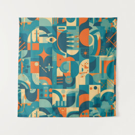 Orange und Türkis Geometrisch Abstrakt Wandteppich
