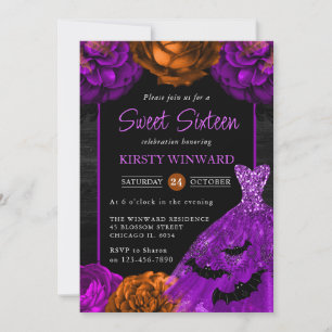 Orange- und violettes Blumenkleid Halloween Sweet Einladung
