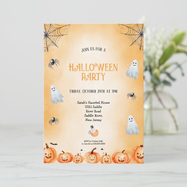 ORANGE- UND WEISS- UND SCHWARZES HALLOWEEN-PARTY EINLADUNG (Stehend Vorderseite)