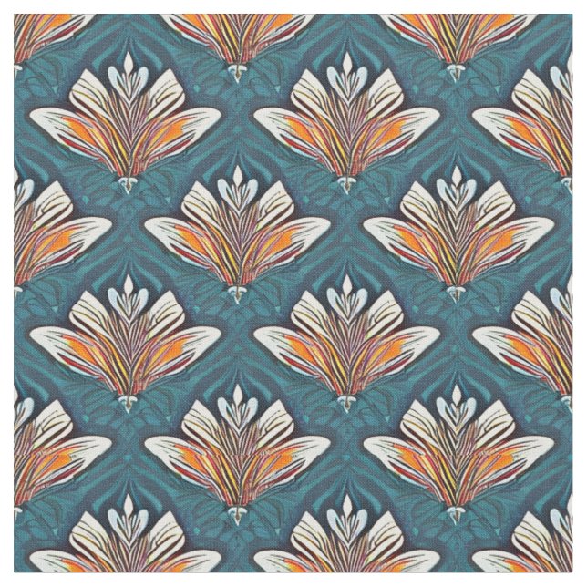 Orange und White Damask auf blauem Stoff (Nahaufnahme)