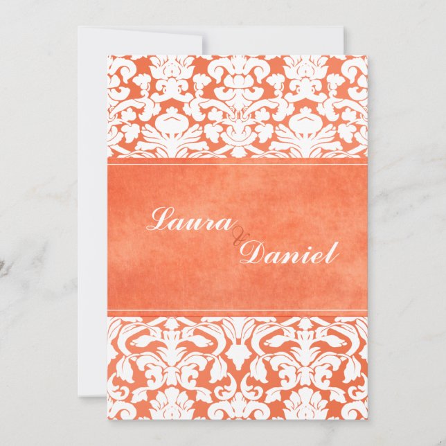 Orange und White Damask Hochzeitsempfang Einladung (Vorderseite)