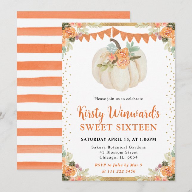 Orange und White Floral Pumpkin Fall Sweet 16 Einladung (Vorne/Hinten)