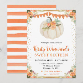 Orange und White Floral Pumpkin Fall Sweet 16 Einladung