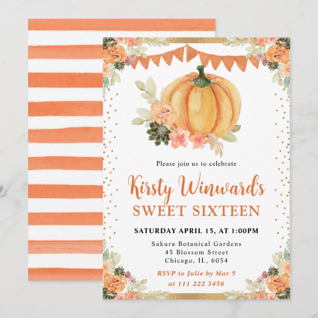 Orange und White Floral Pumpkin Fall Sweet 16 Einladung (Vorne/Hinten)