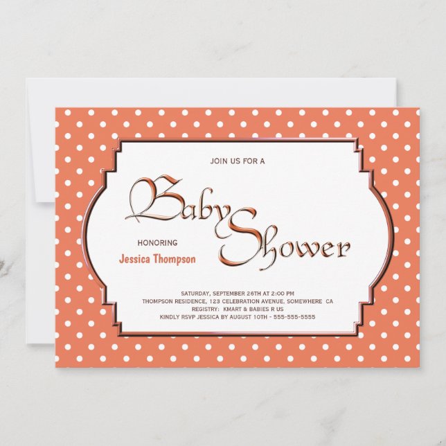 Orange und White Polka Dot Babydusche Einladung (Vorderseite)