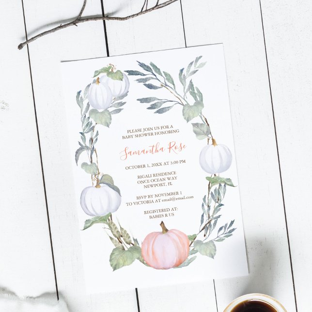 Orange und WHITE PUMPKIN Grüne BABY Dusche Einladung (Gender neutral baby shower invitations feature watercolor white and peach pumpkins. )