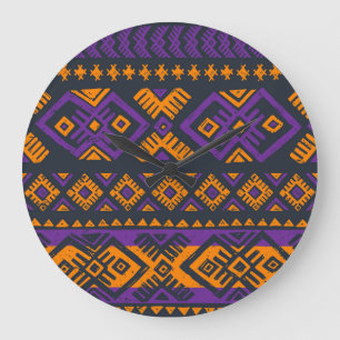 Orange, violetter tribal geometrischer nahtloser M Große Wanduhr