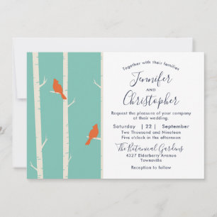 Orange Vögel auf Birkenbaum-Illustration Hochzeit Einladung