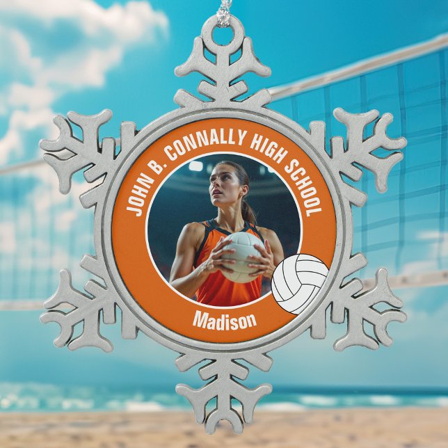 Orange Volleyball Player Photo High School Schneeflocken Zinn-Ornament (Von Creator hochgeladen)