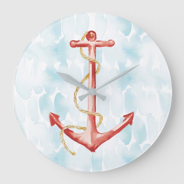 Orange Watercolor Anchor Große Wanduhr (Vorderseite)