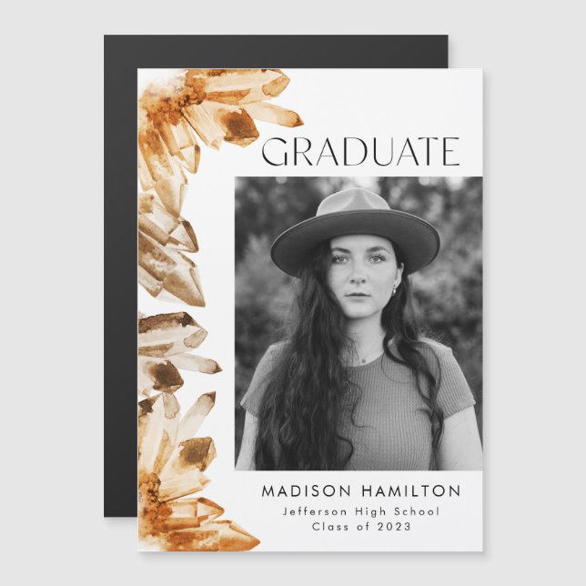 Orange Watercolor Crystals Photo Graduation Magneteinladung (Vorne/Hinten)