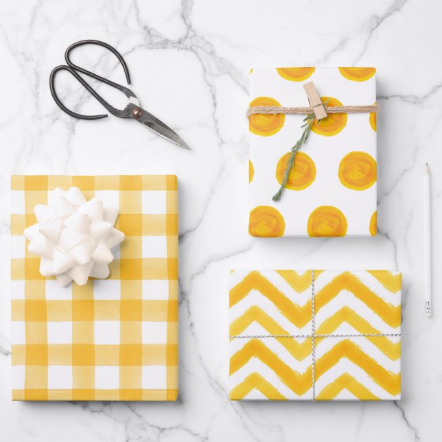 Orange Watercolor Dots Gingham Wrapping Paper Geschenkpapier Set (Vorderseite)