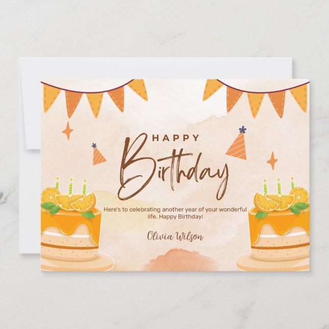 Orange Watercolor Happy Birthday Einladung (Vorderseite)