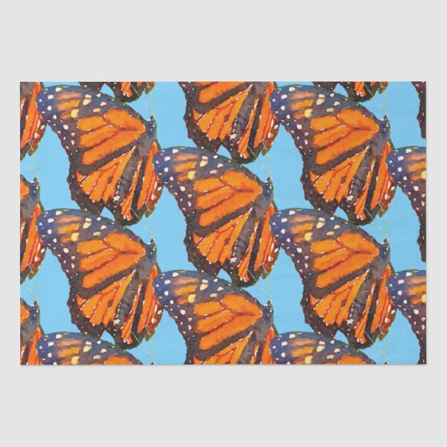 Orange Watercolor Monarch Schmetterlinge im blauen Seidenpapier (Vorderseite)