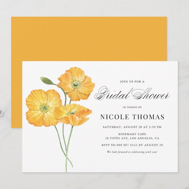 Orange Watercolor Poppies Botanisches Brautparty Einladung (Vorne/Hinten)