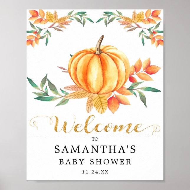 Orange Watercolor Pumpkin Gold Fall Baby Dusche Poster (Vorne)